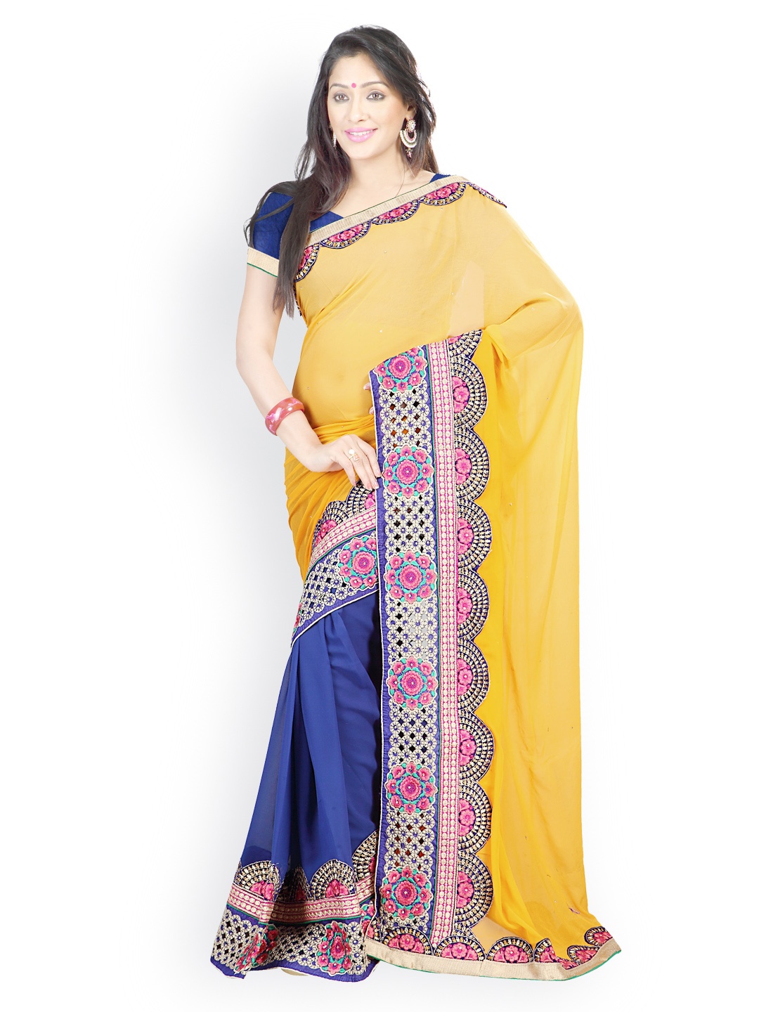 

Kalista Orange & Blue Embroidered Chiffon & Jute Partywear Saree