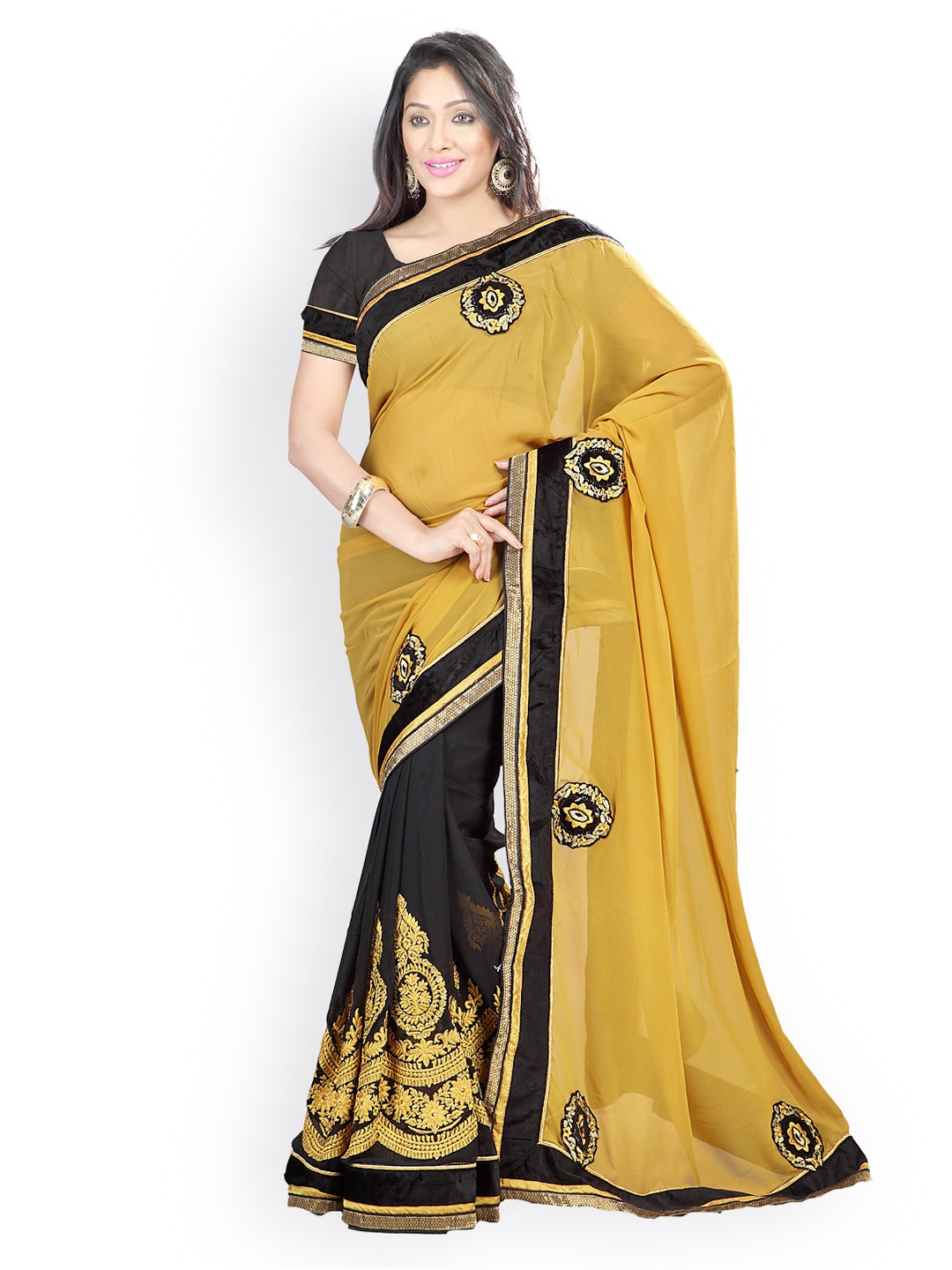 

Kalista Mustard Yellow & Back Embroidered Chiffon Partywear Saree