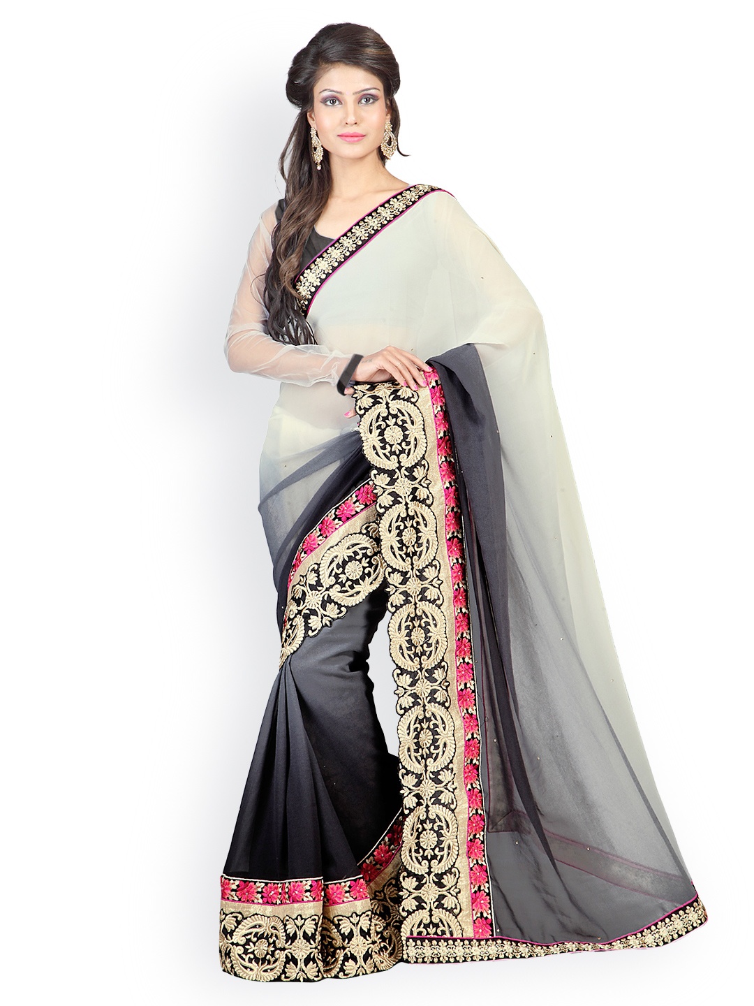 

Kalista Black & Grey Embroidered Ombre-Dyed Chiffon Partywear Saree