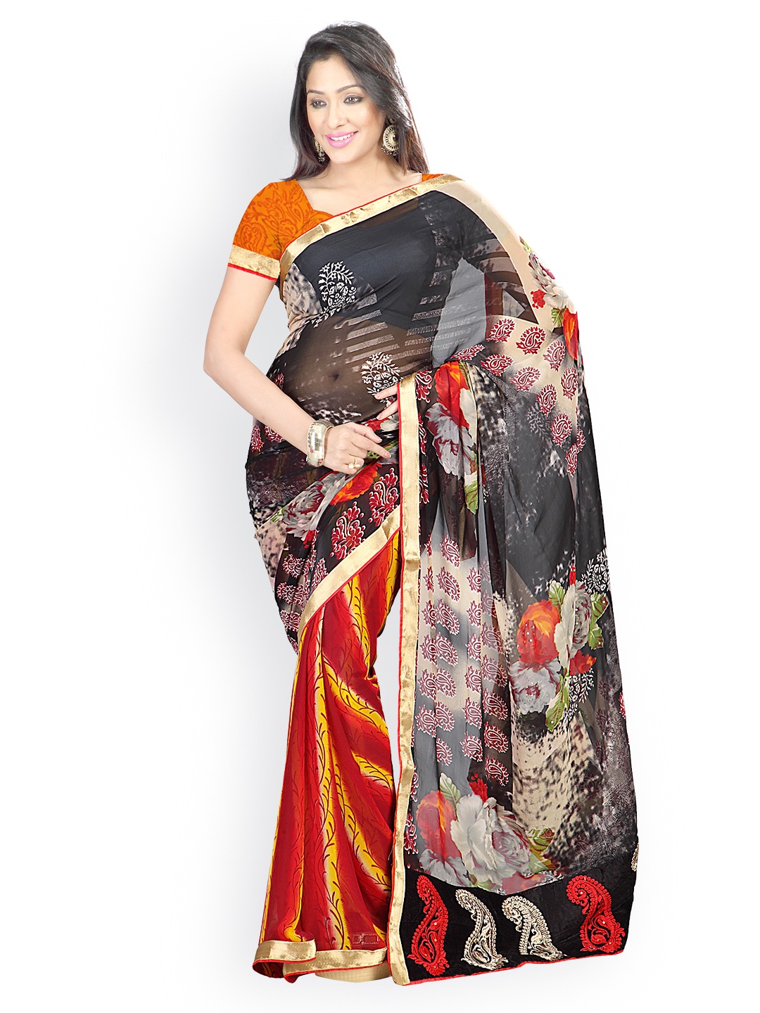 

Kalista Black & Red Embroidered Chiffon Partywear Saree
