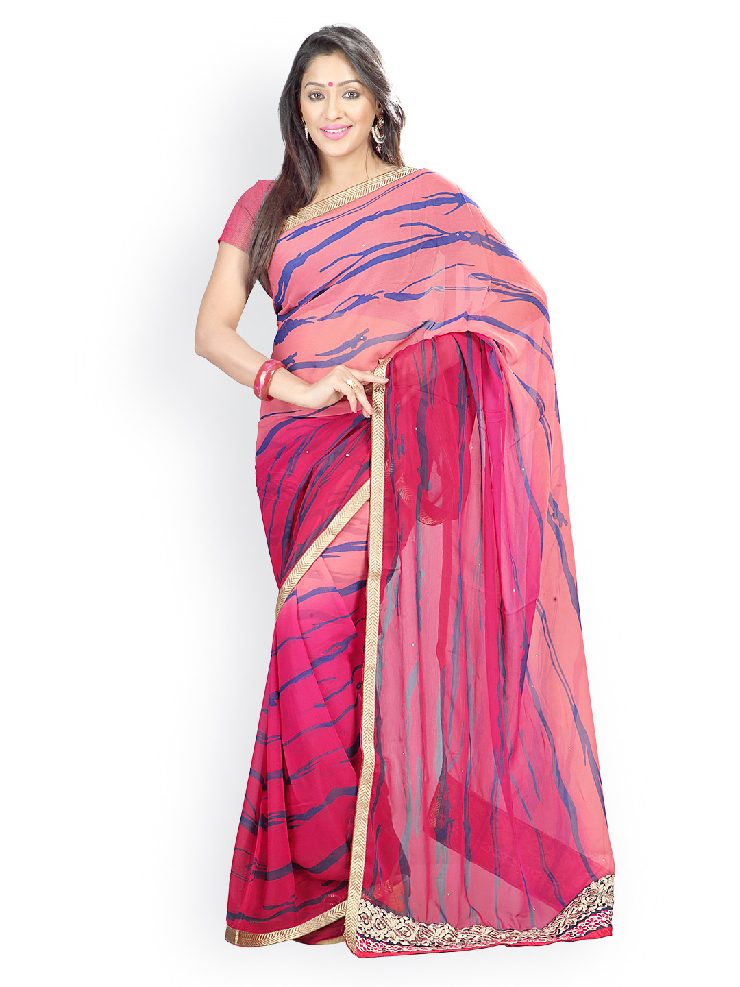 

Kalista Pink & Blue Printed Chiffon Fashion Saree