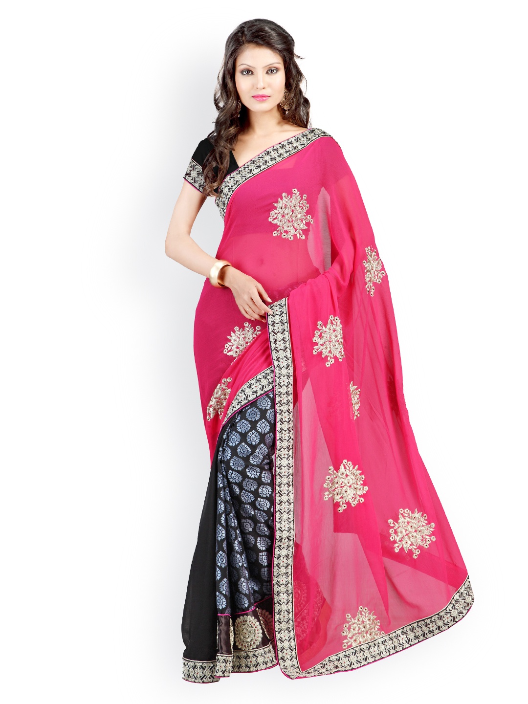 

Kalista Pink & Black Embroidered Faux Chiffon Partywear Saree