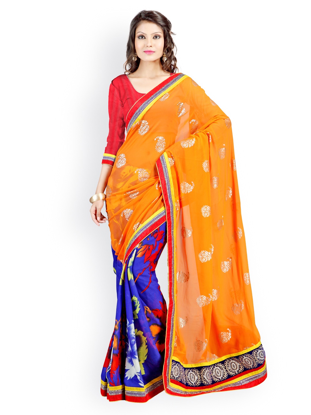 

Kalista Orange & Blue Printed Chiffon Embellished Saree