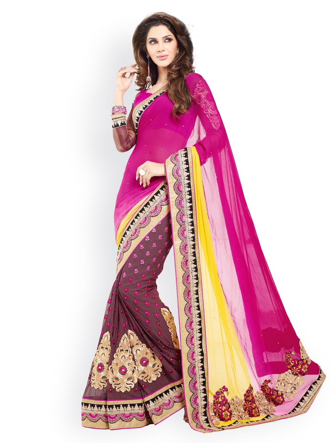 

Kalista Pink & Brown Embroidered Georgette Fashion Saree