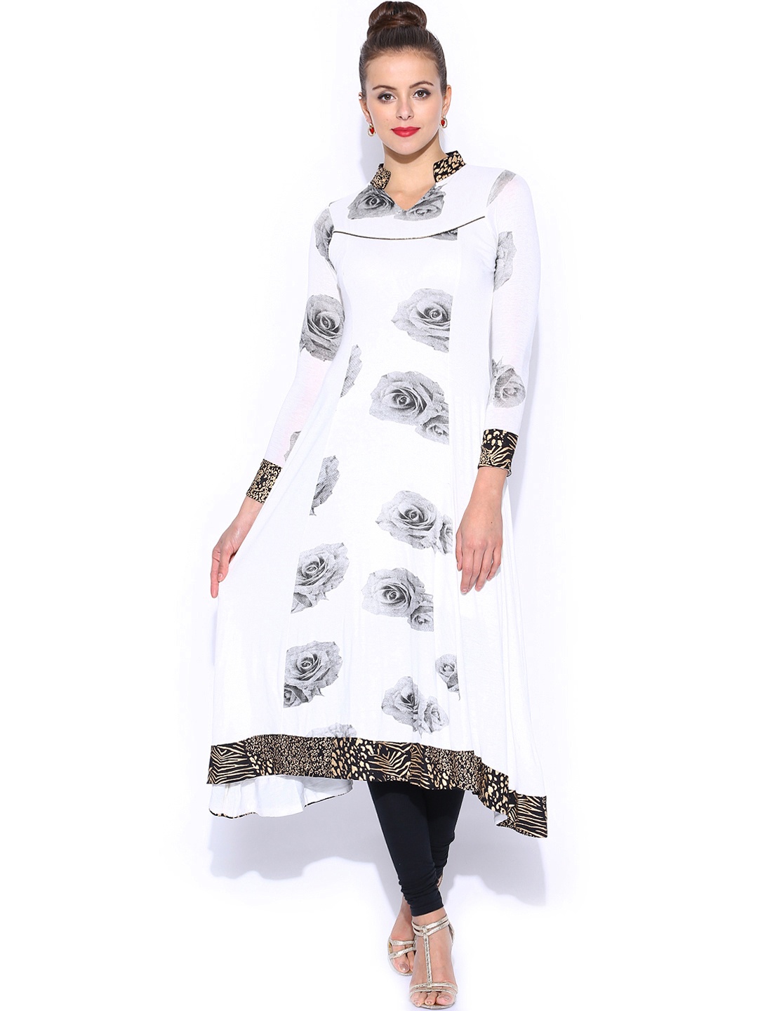 

Ira Soleil Off-White Floral Print Anarkali Asymmetric Kurta