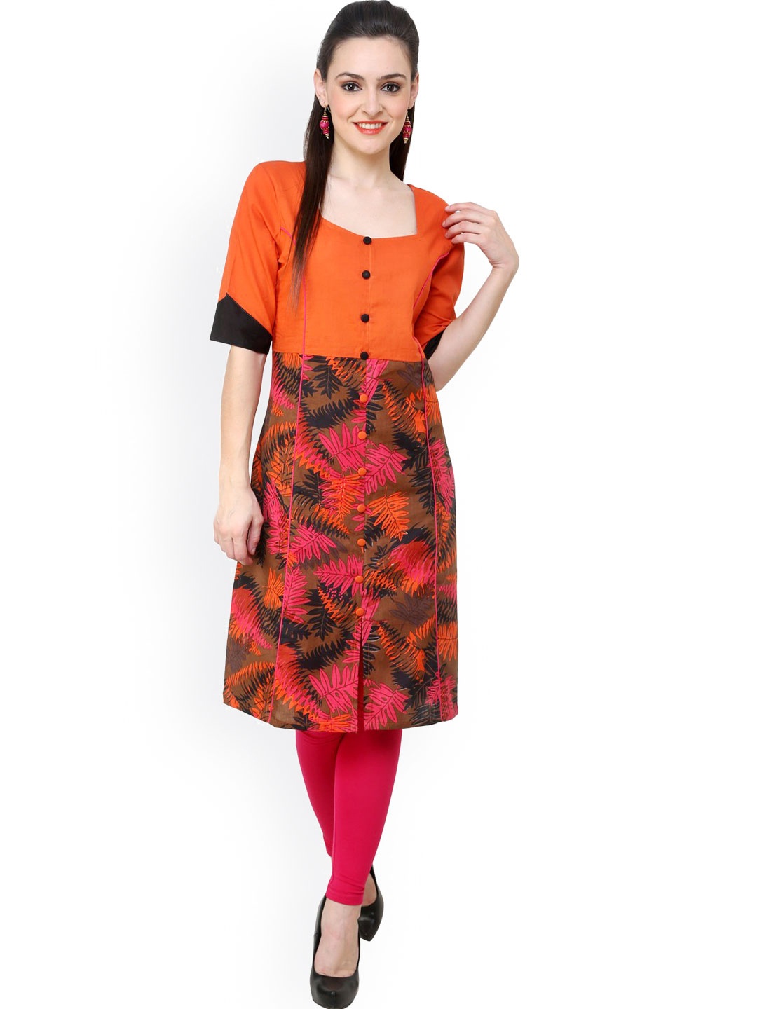 

Pannkh Orange Printed A-Line Kurta