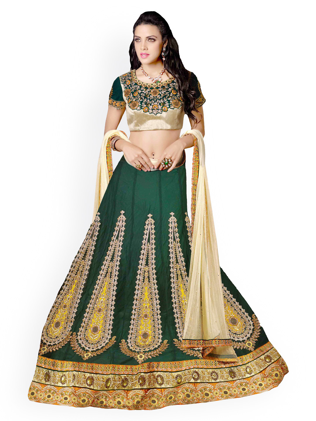 

Saree mall Beige & Green Embroidered Net Semi-Stitched Lehenga Choli Material with Dupatta