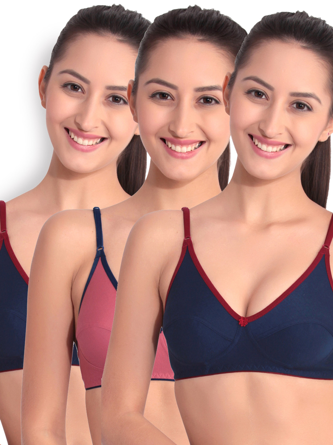 

Floret Pack of 3 Full-Coverage Bras, Navy blue