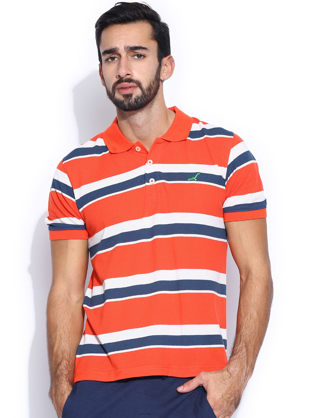 

American Crew Orange & Blue Striped Polo T-shirt