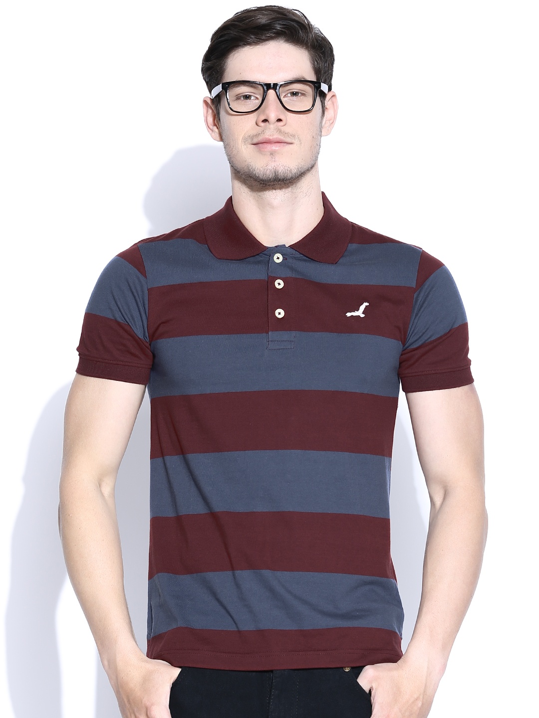 

American Crew Maroon & Greyish Blue Striped Polo T-shirt
