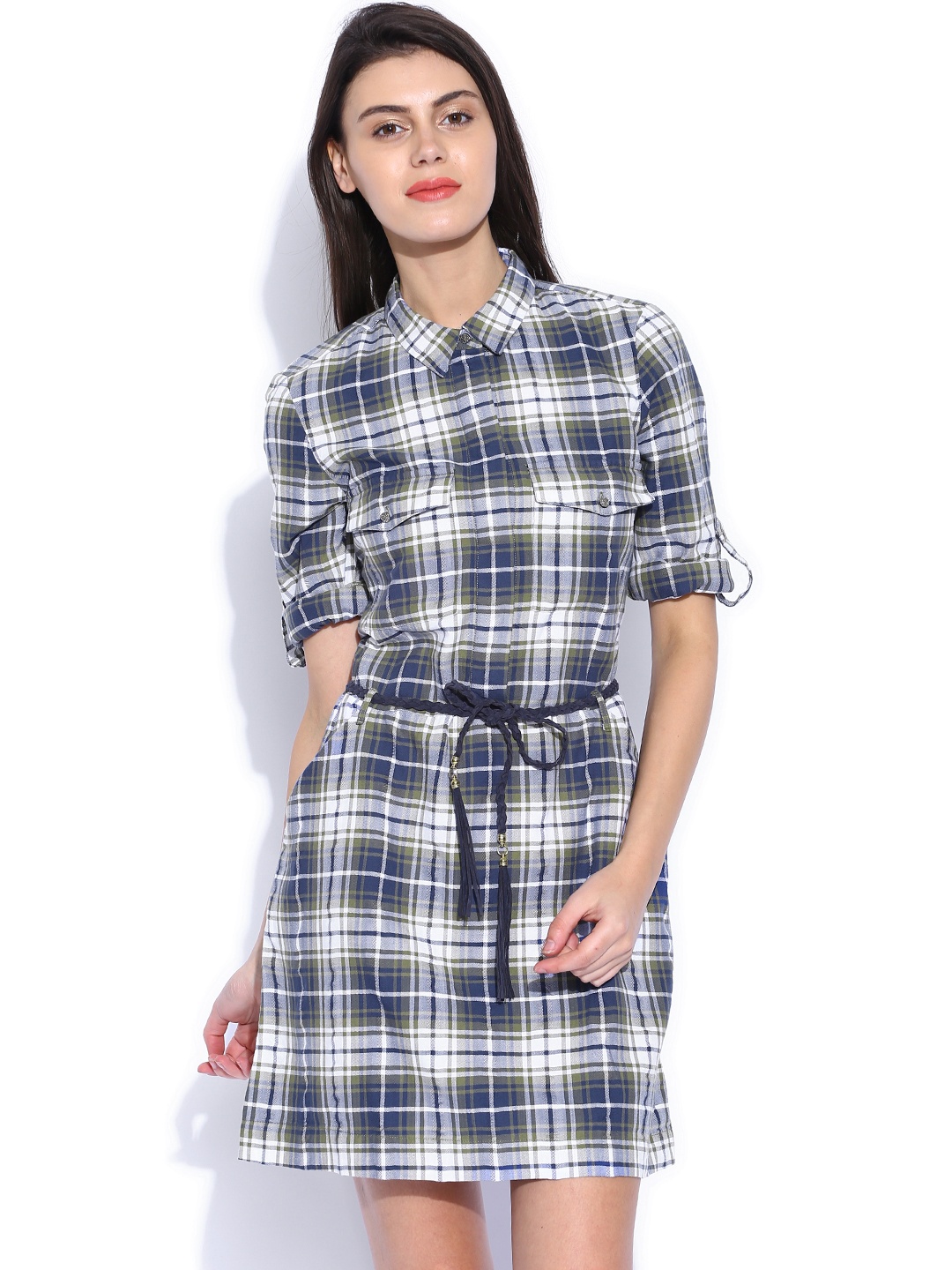 

Tokyo Talkies Blue & Olive Green Checked Belted Dress