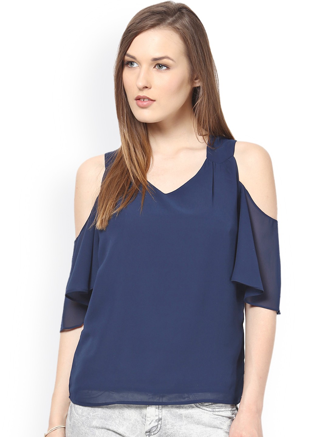 

Harpa Navy Top with Cold Shoulder Sleeves, Navy blue