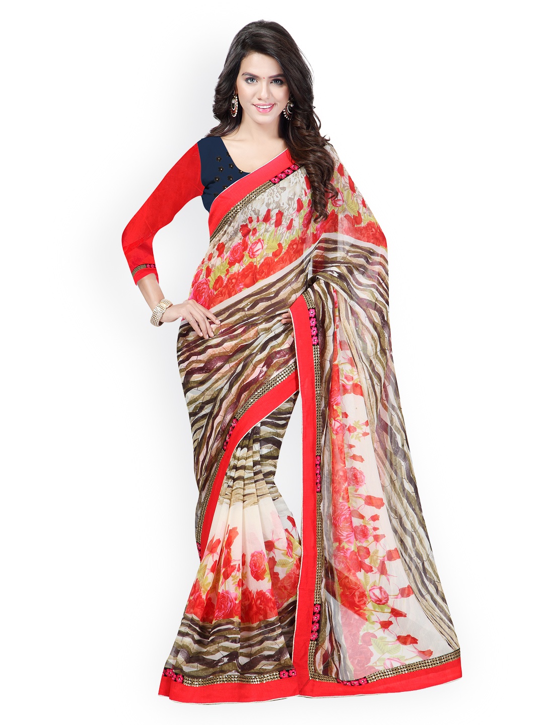 

Kalista Red & Cream-Coloured Printed Georgette Fashion Saree