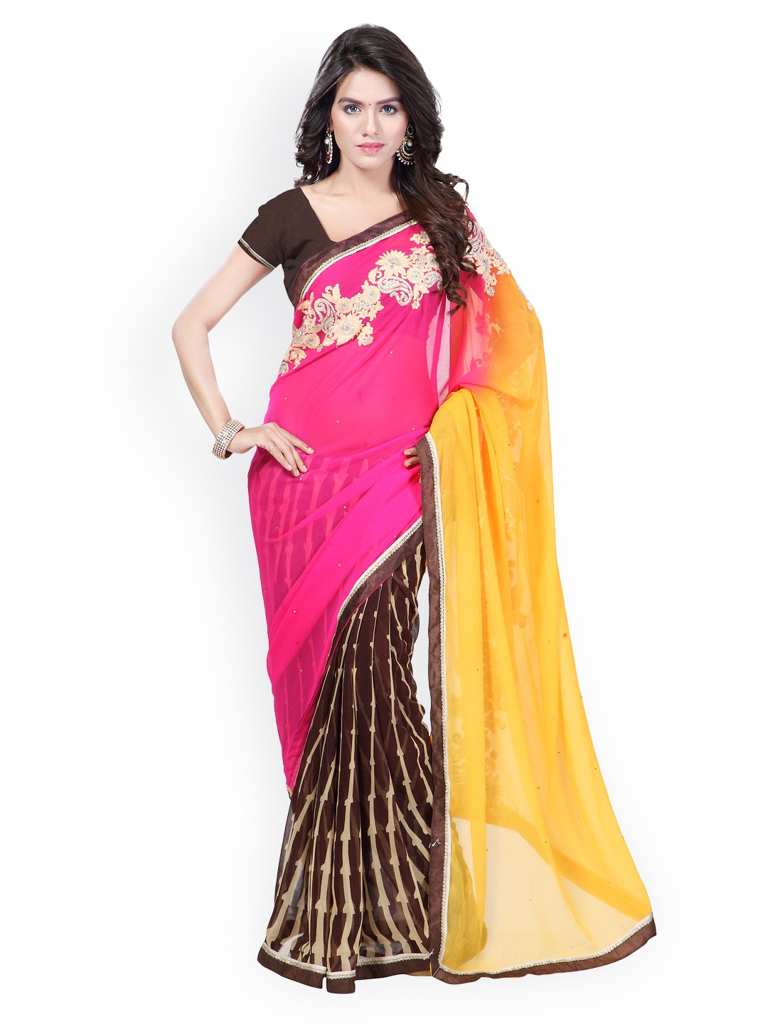 

Kalista Yellow & Pink Printed Faux Chiffon Fashion Saree
