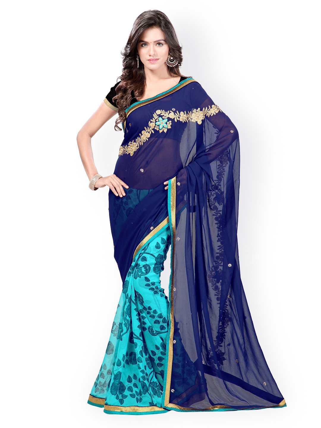

Kalista Blue Printed Faux Chiffon & Georgette Fashion Saree