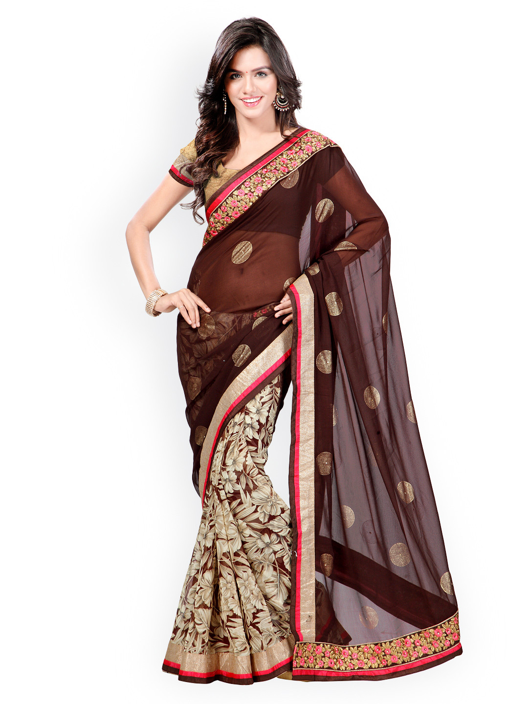 

Kalista Brown & Beige Printed Chiffon & Georgette Embellished Saree