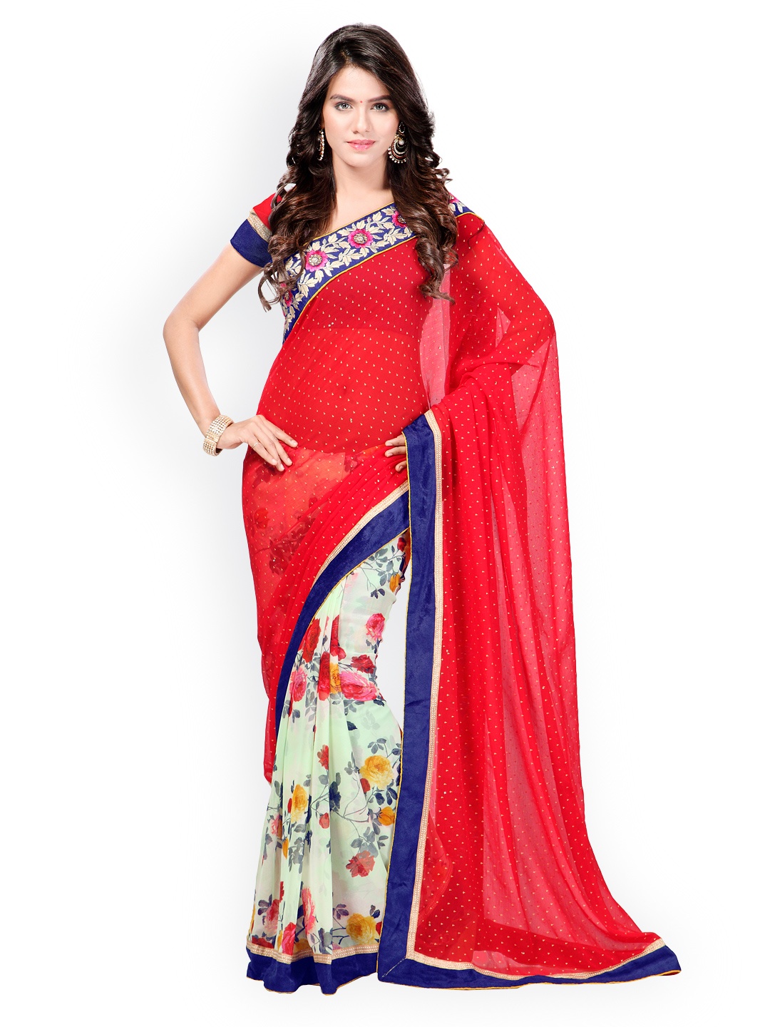 

Kalista Red & Cream-Coloured Printed Georgette & Chiffon Fashion Saree