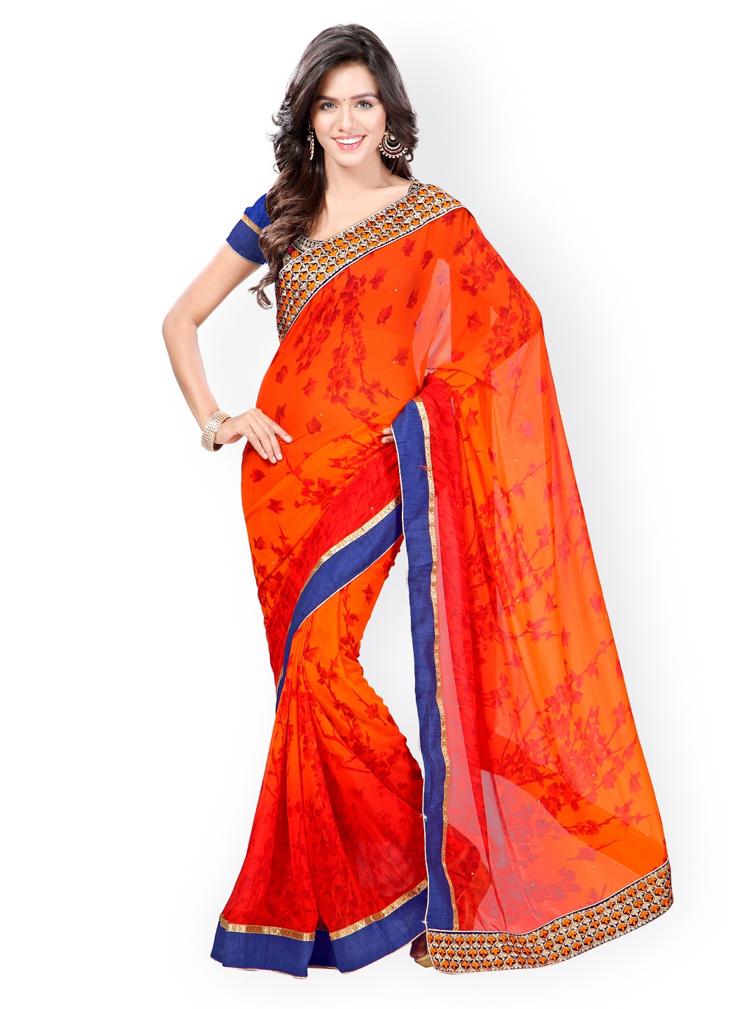 

Kalista Orange Printed Georgette Fashion Saree