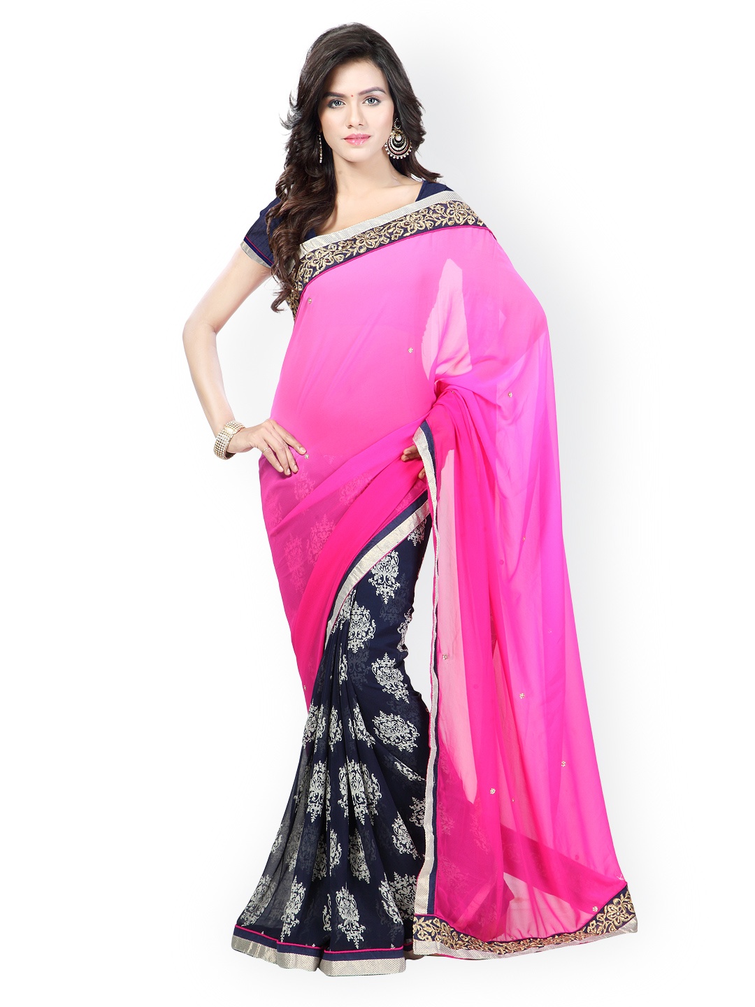 

Kalista Pink & Blue Printed Faux Chiffon Fashion Saree