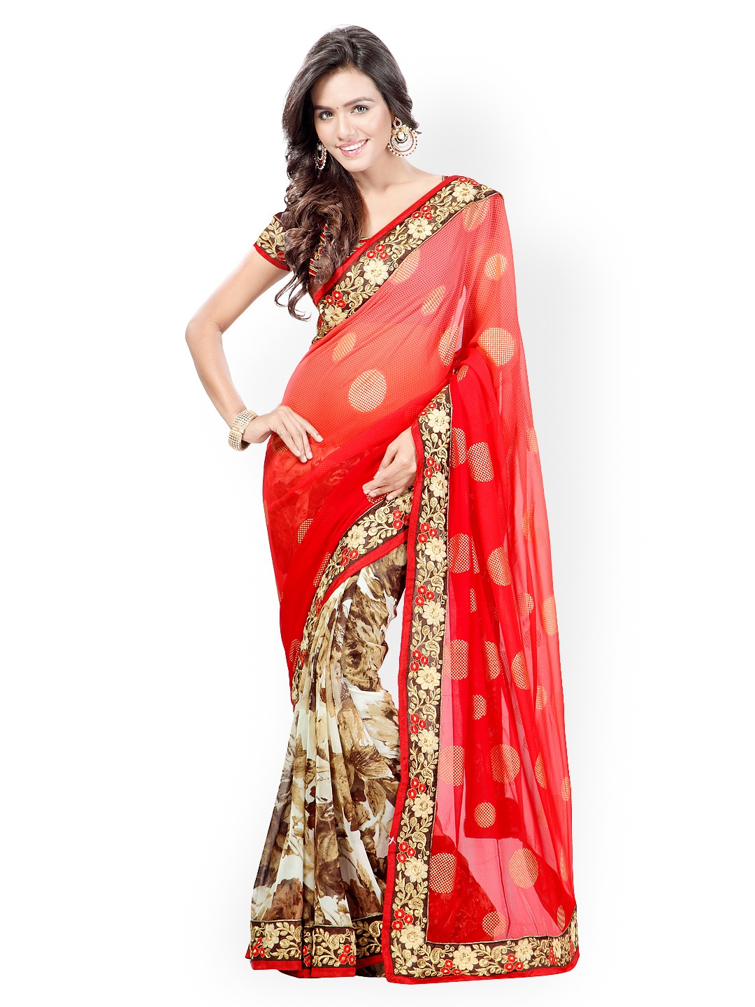 

Kalista Red & Beige Printed Chiffon Embellished Saree