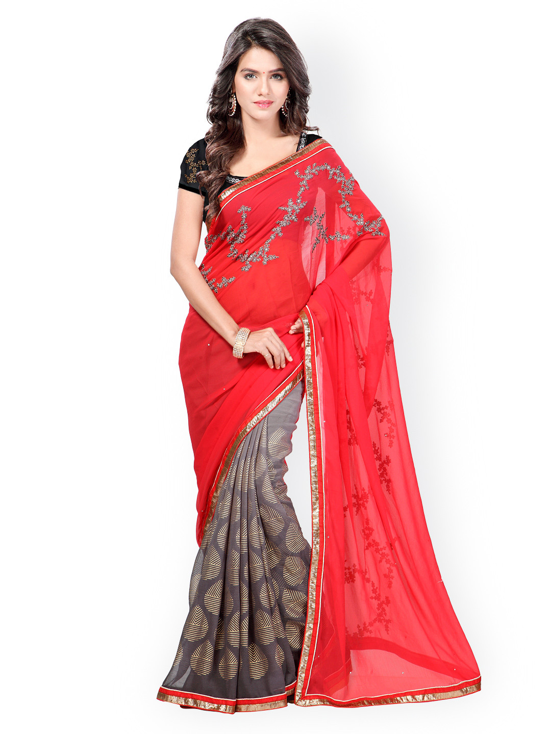 

Kalista Red & Grey Printed Chiffon Fashion Saree