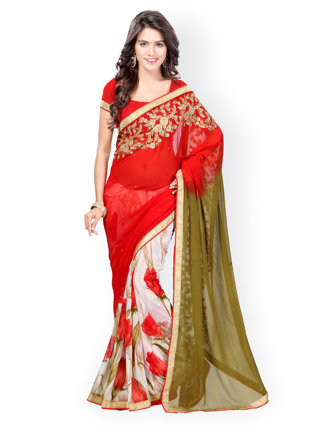 

Kalista Green & Red Printed Faux Chiffon Fashion Saree