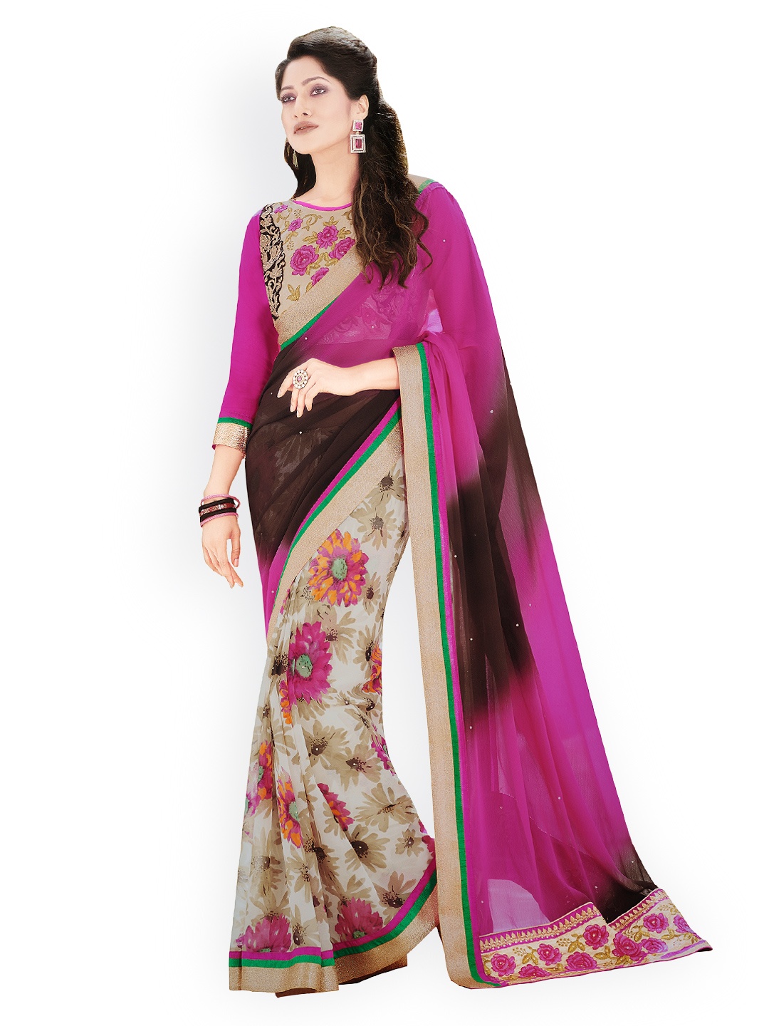 

Kalista Pink & Beige Printed Chiffon Fashion Saree