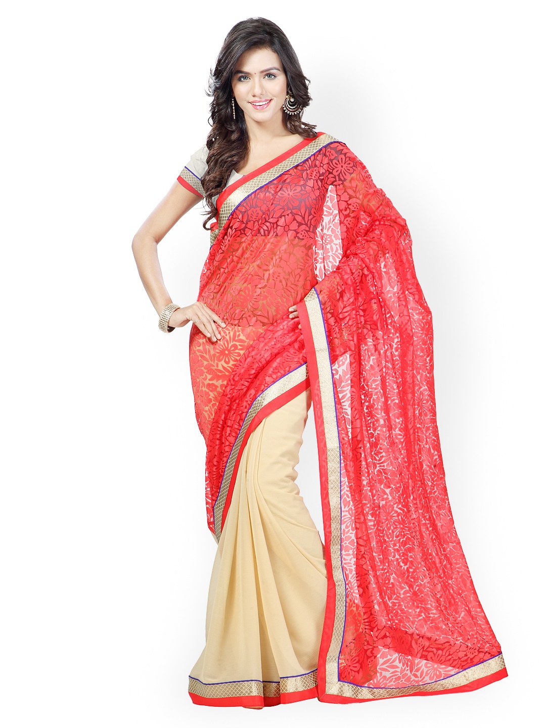 

Kalista Red & Beige Brasso & Net Embellished Saree