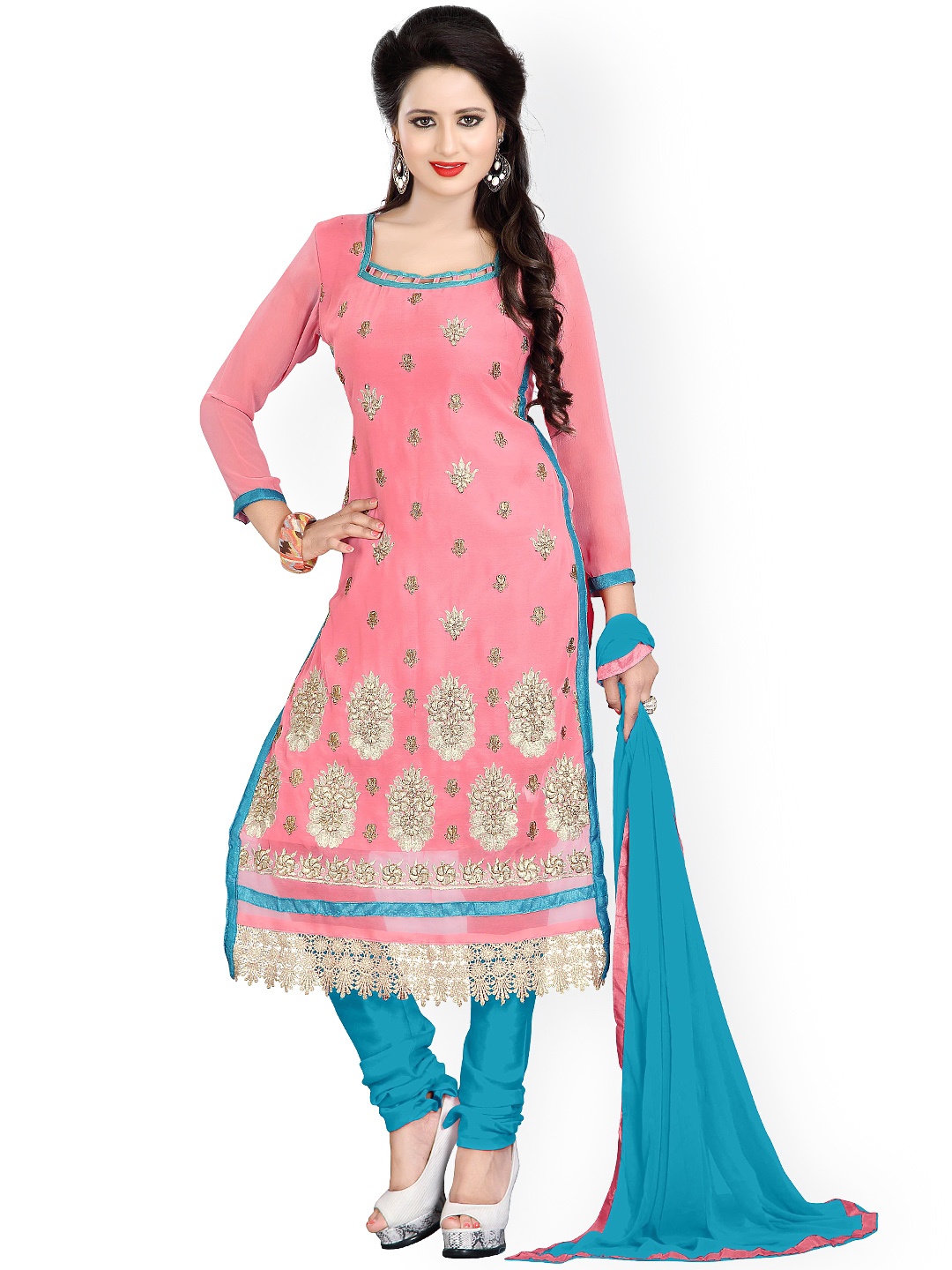 

Blissta Pink & Turquoise Blue Faux Georgette Unstitched Dress Material