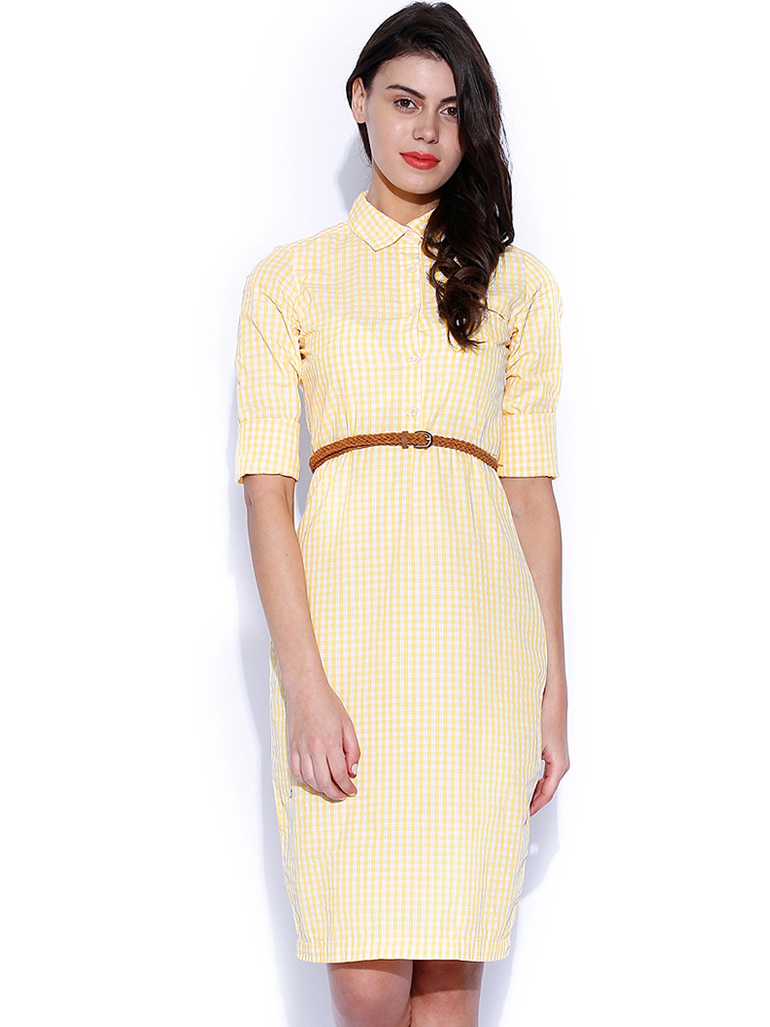 

Tokyo Talkies Yellow & White Checked Shirt Dress