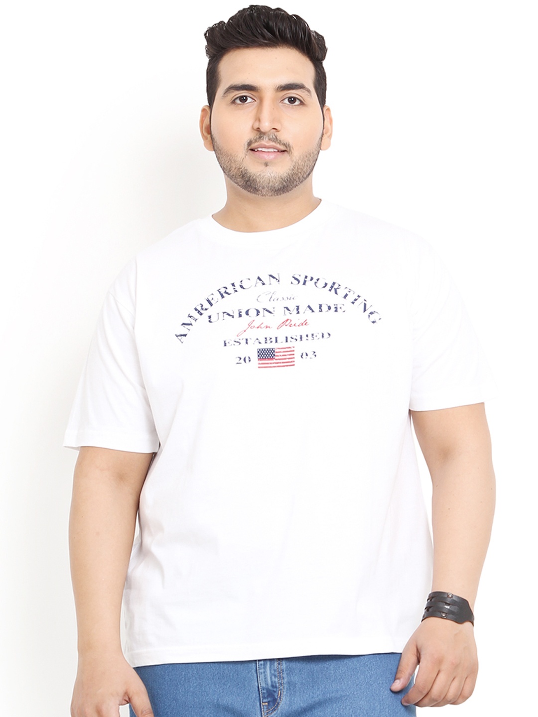 

John Pride Plus Size White Printed Smart Fit T-shirt