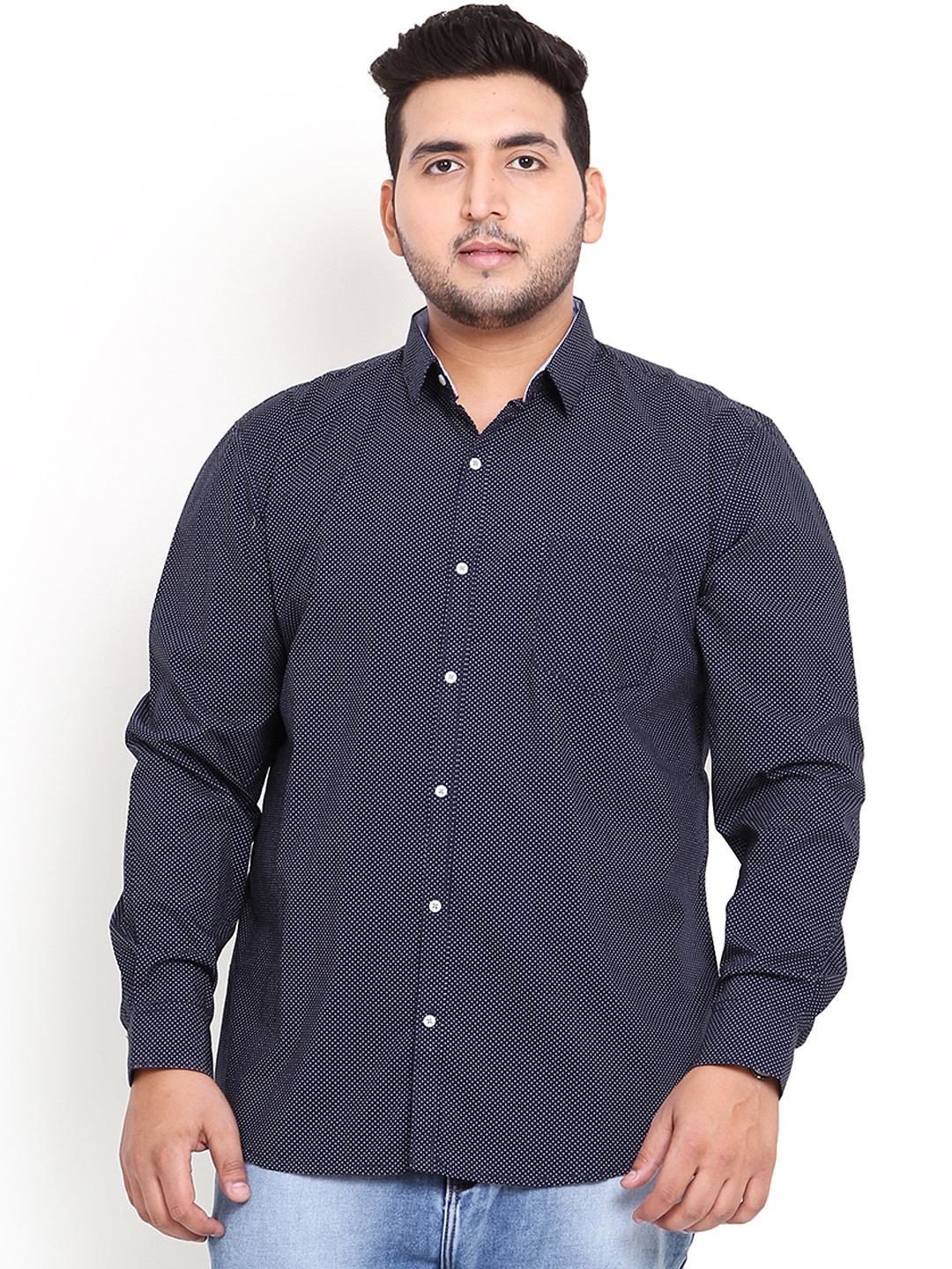 

John Pride Plus Size Navy White Polka Dot Print Smart Fit Casual Shirt, Navy blue