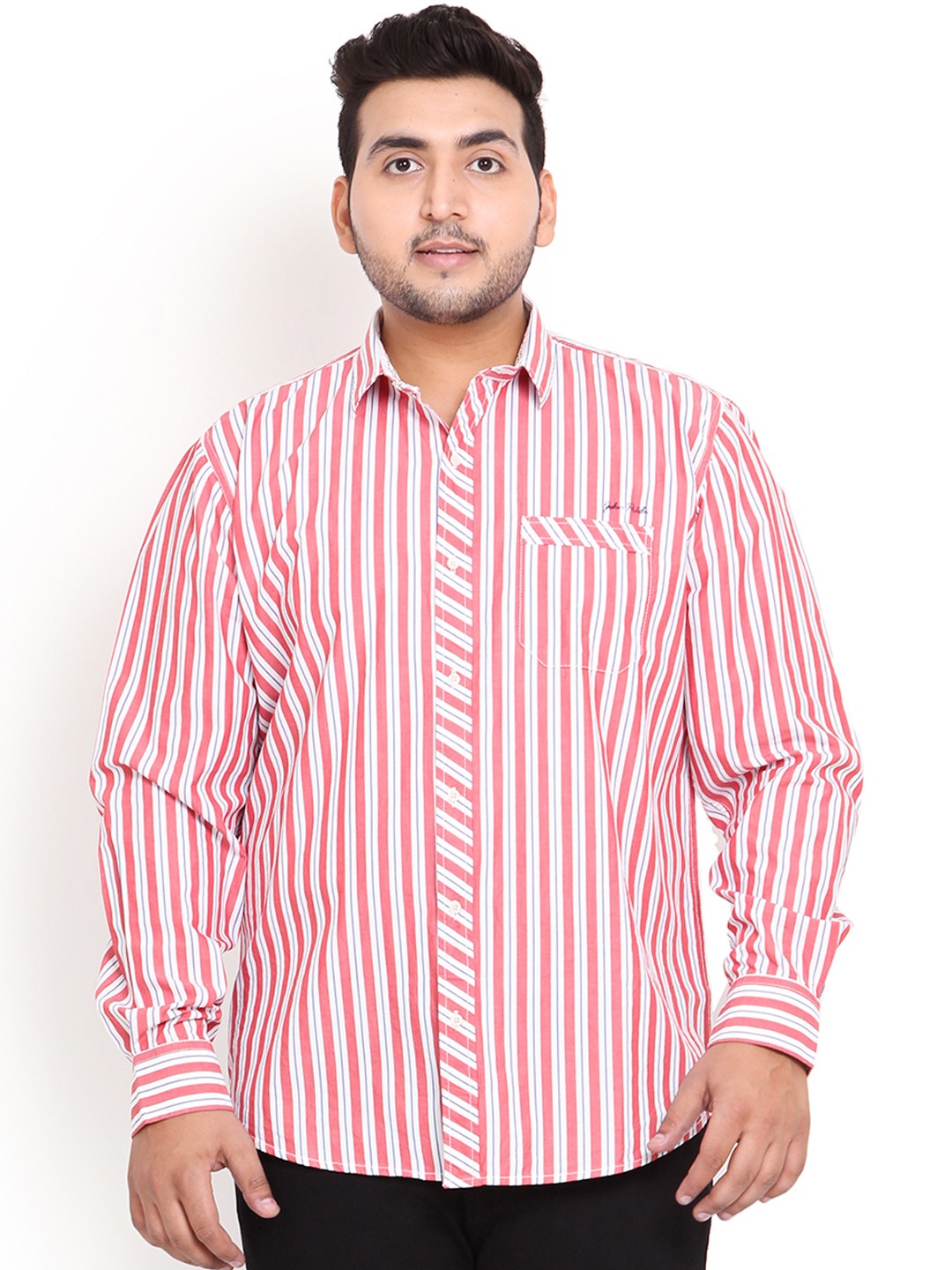 

John Pride Plus Size White Red Striped Smart Fit Casual Shirt