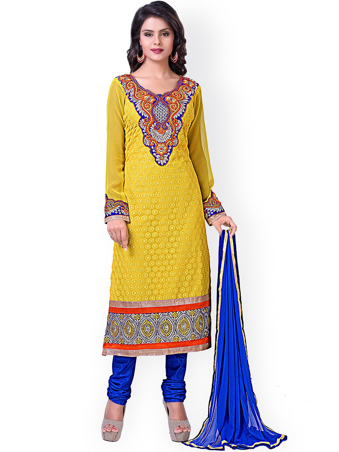 

Blissta Yellow & Blue Georgette Unstitched Dress Material