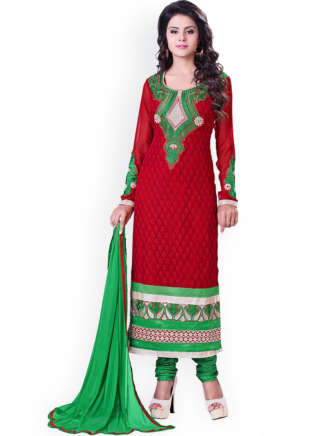 

Blissta Red & Green Georgette Unstitched Dress Material