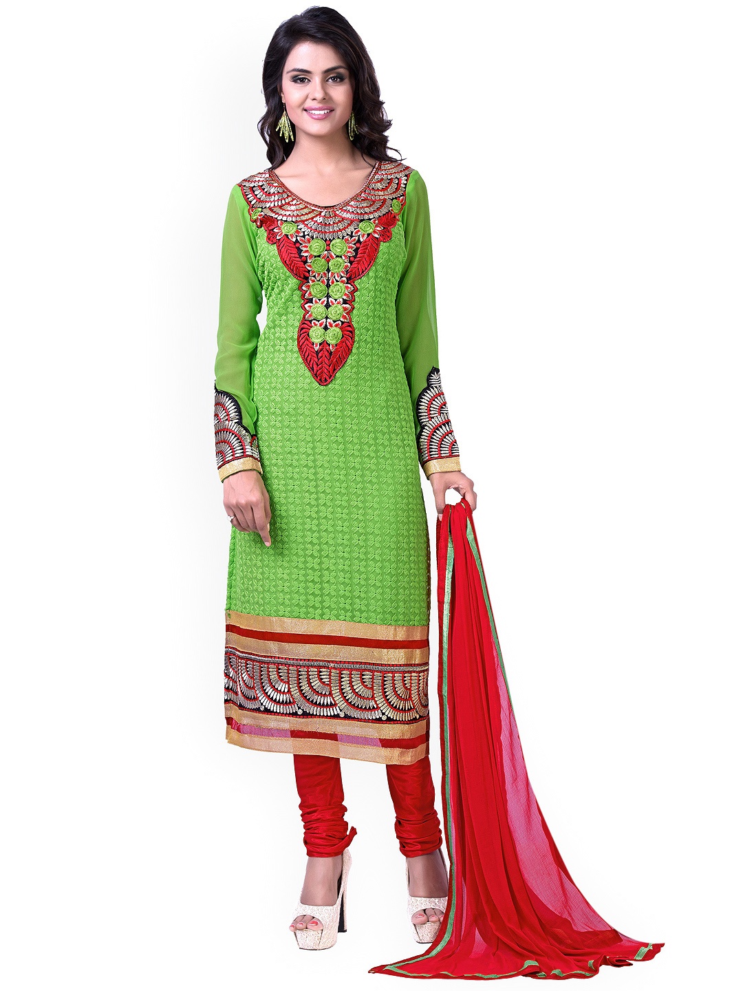

Blissta Green & Red Georgette Unstitched Dress Material