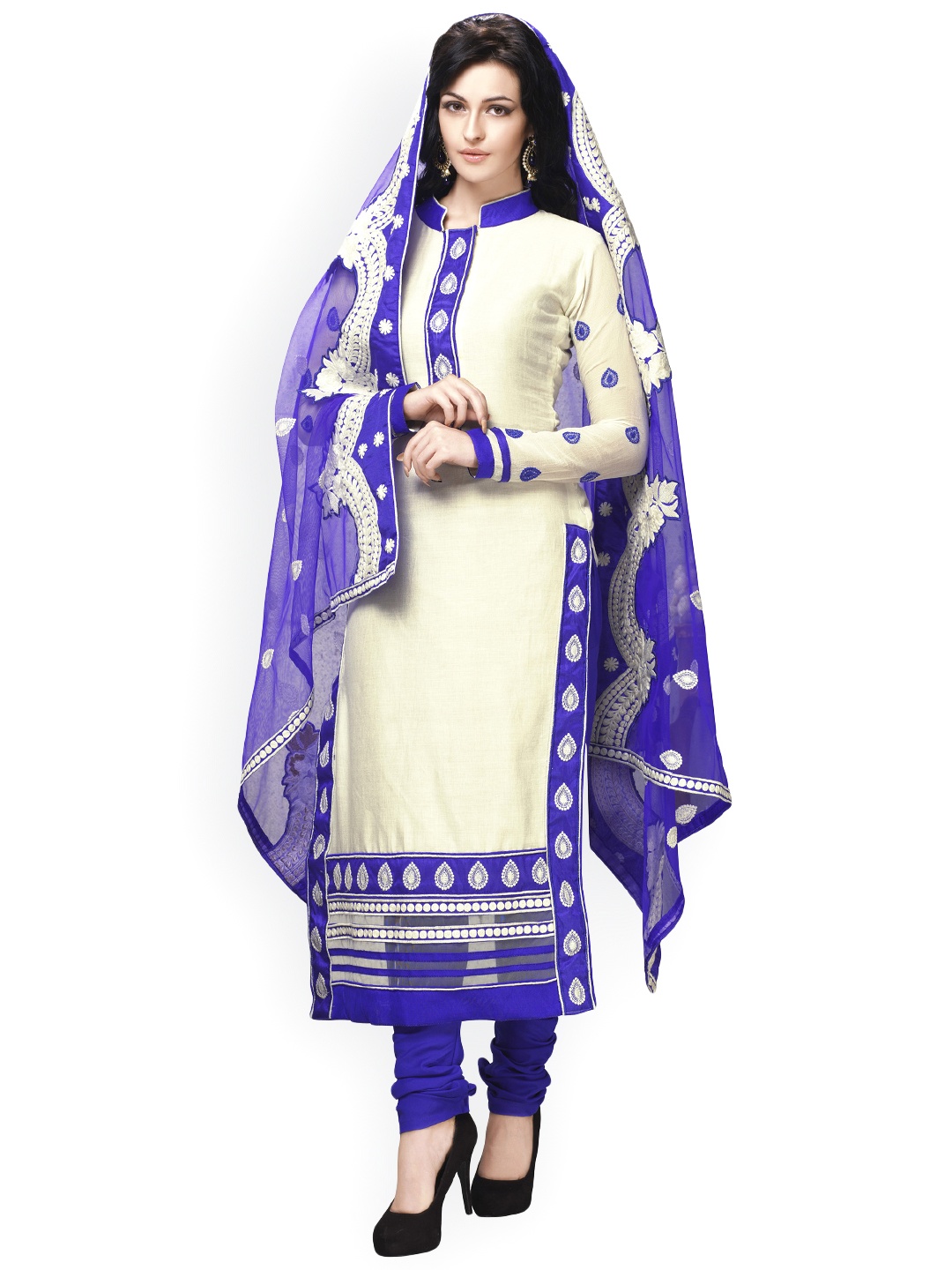 

Blissta White & Blue Unstitched Dress Material