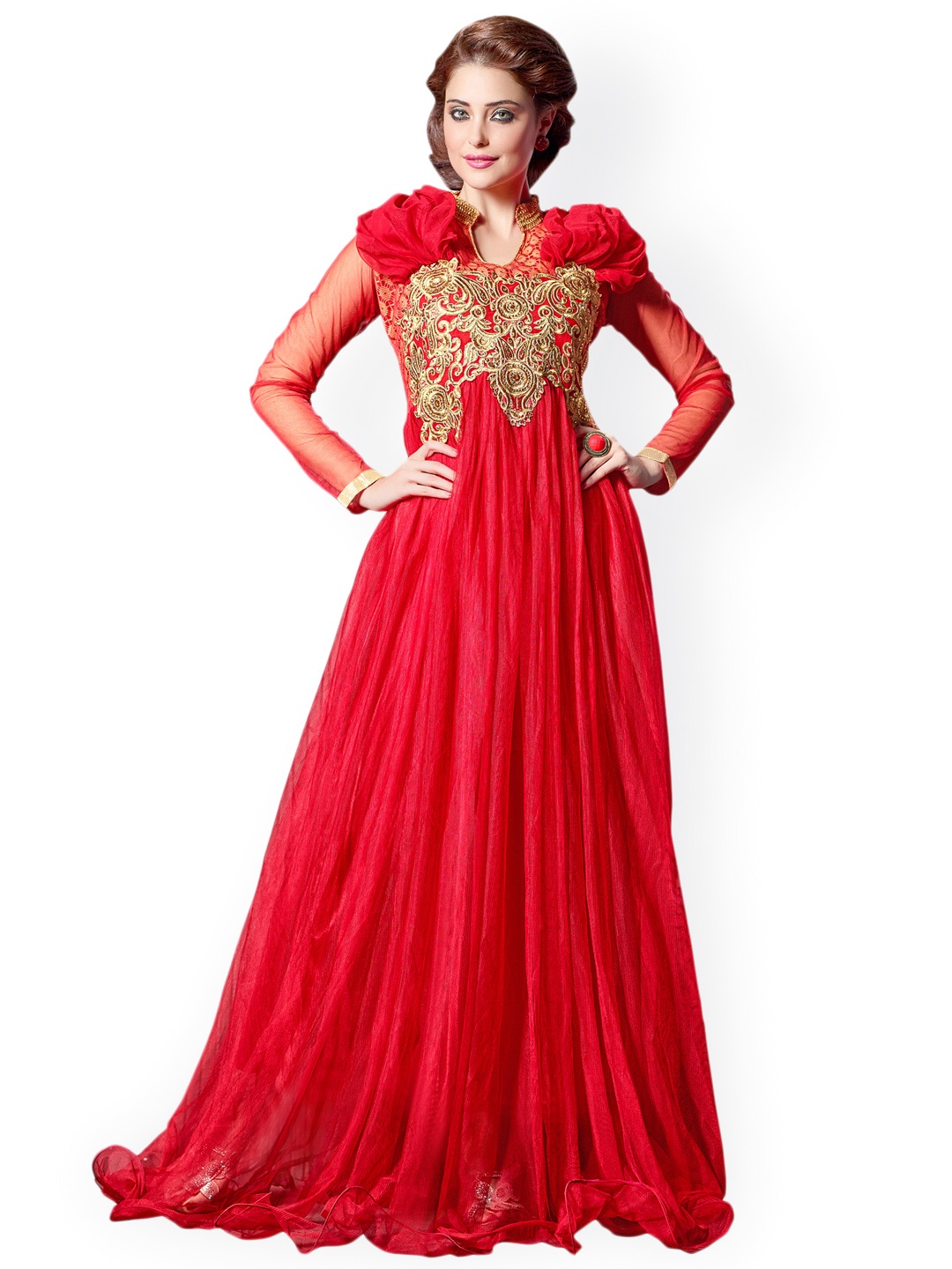 

Blissta Red Embroidered Semi-Stitched Gown Dress Material