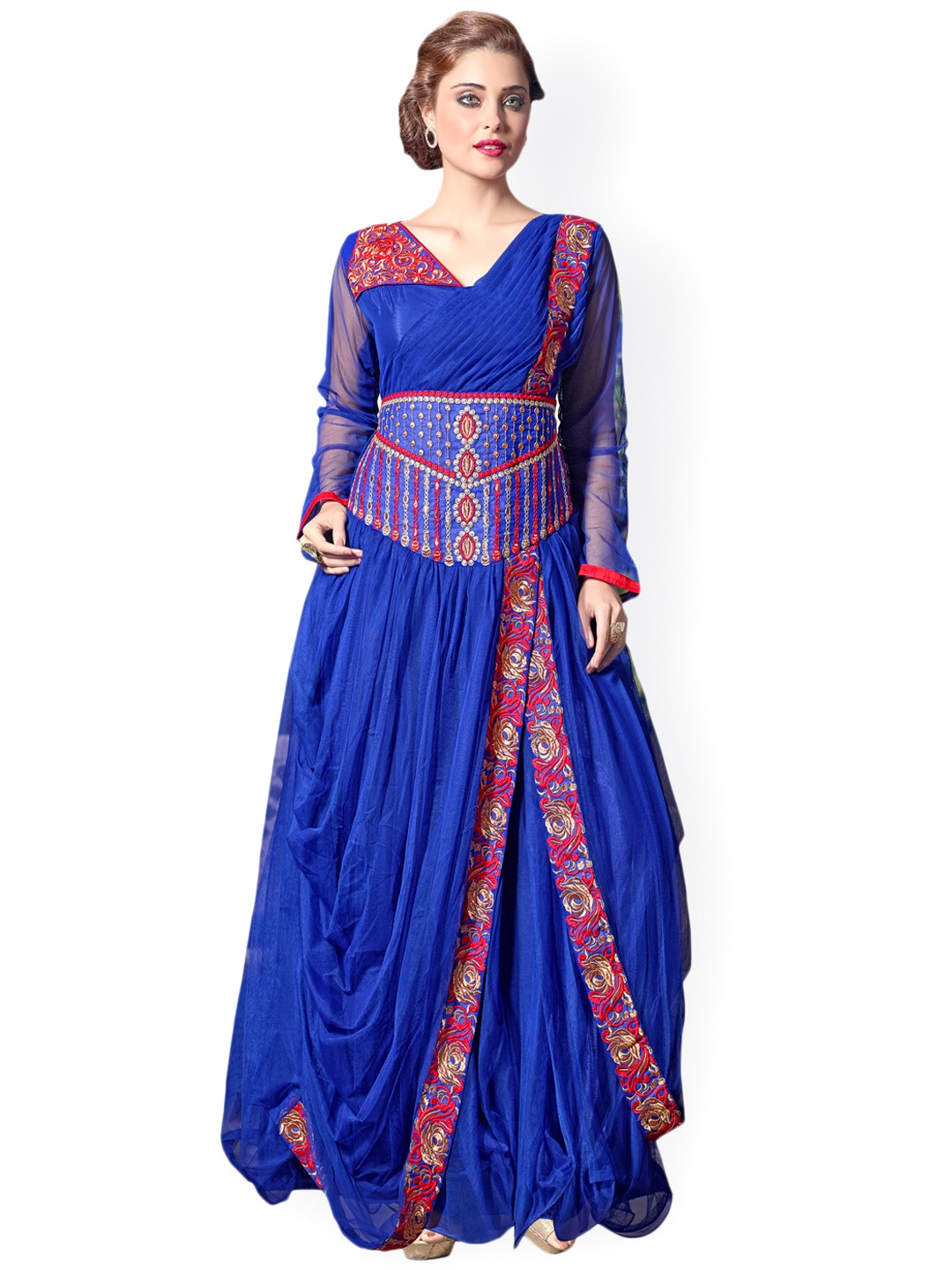 

Blissta Blue Embroidered Semi-Stitched Gown Dress Material