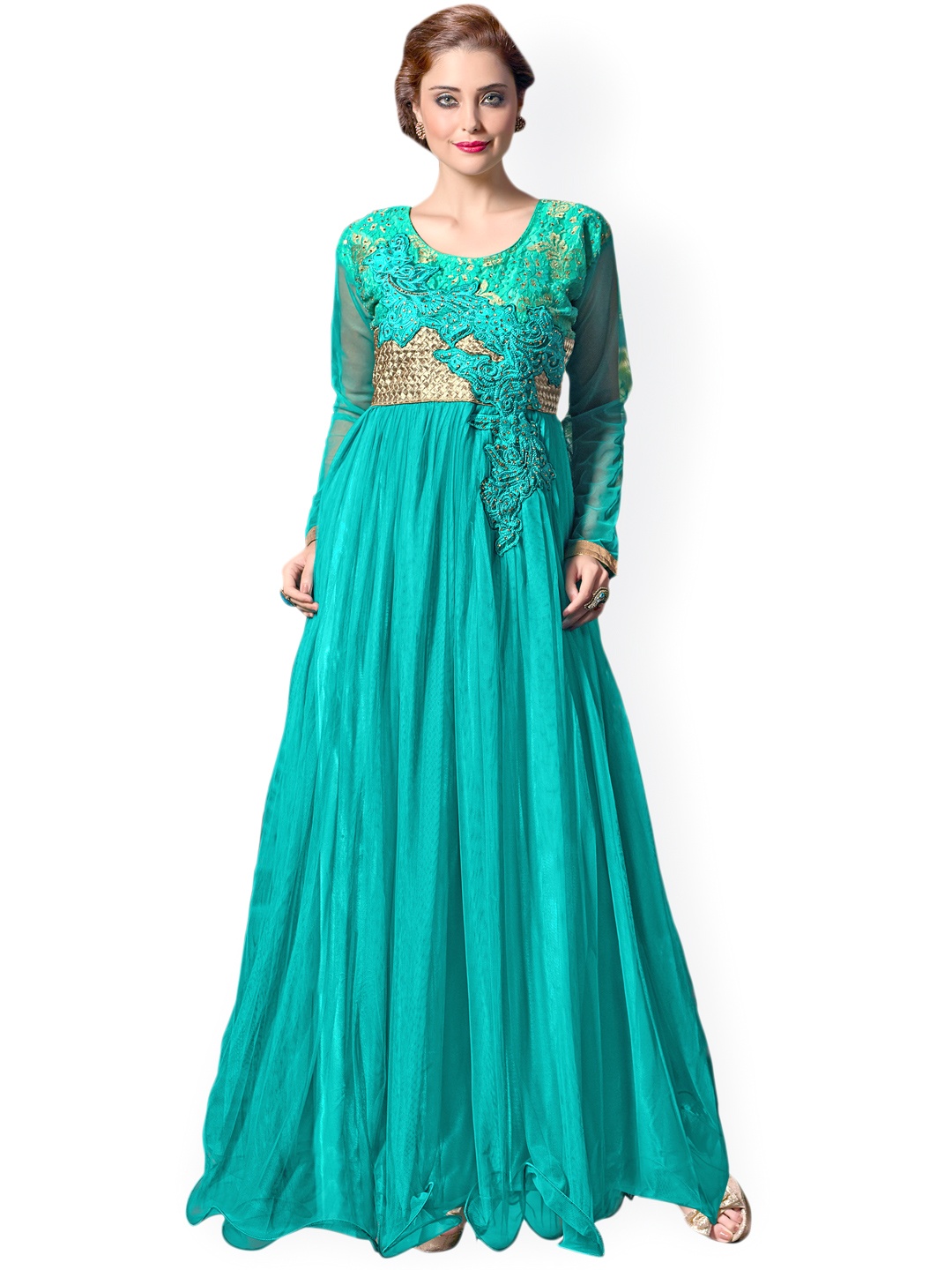 

Blissta Turquoise Blue Embroidered Semi-Stitched Gown Dress Material