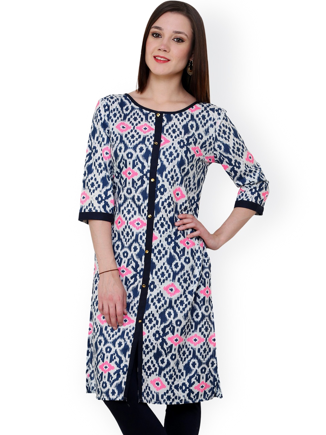

Pannkh Women White & Blue Block Print Kurta