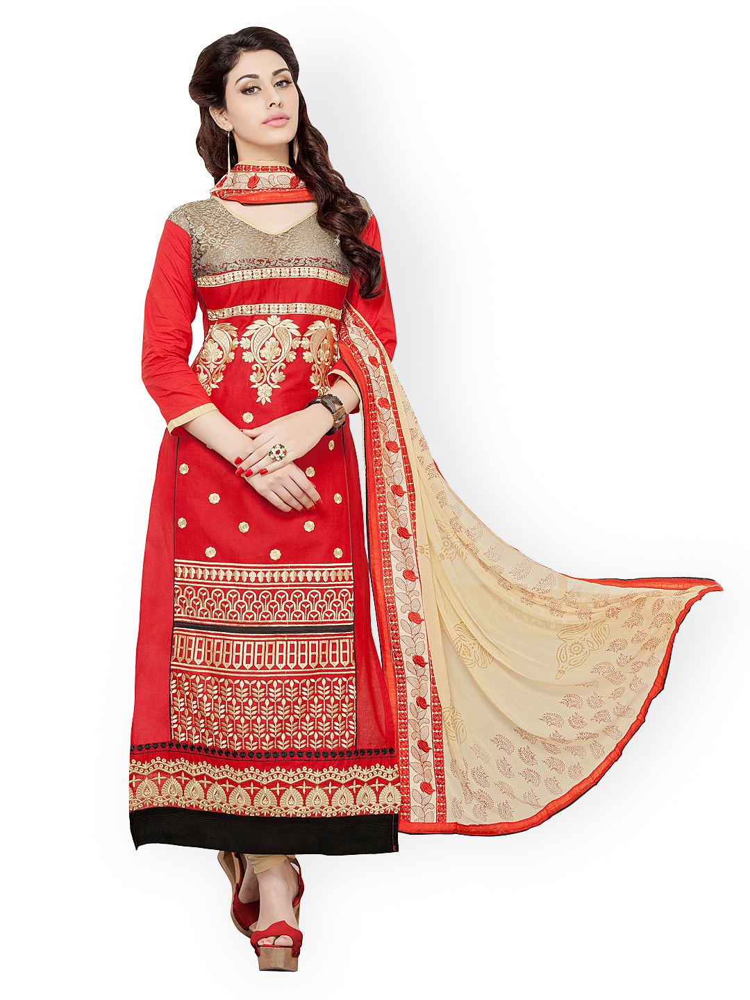 

Blissta Red & Beige Cotton Embroidered Unstitched Dress Material