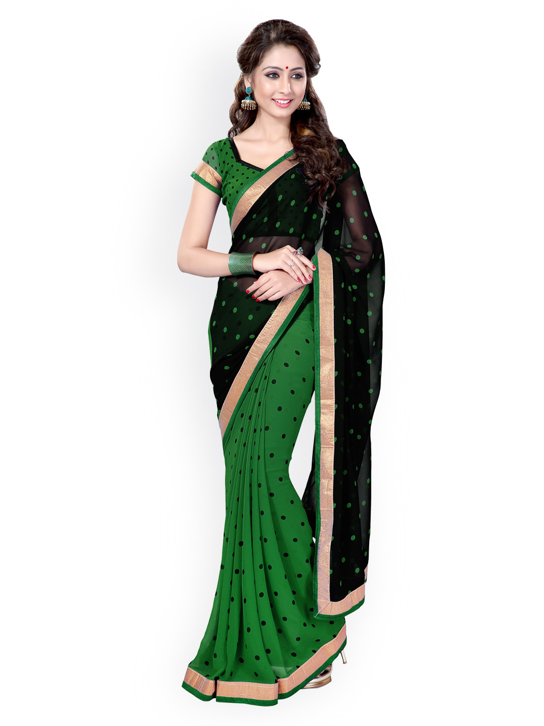 

Mirchi Fashion Black & Green Polka Dot Print Poly Georgette Saree