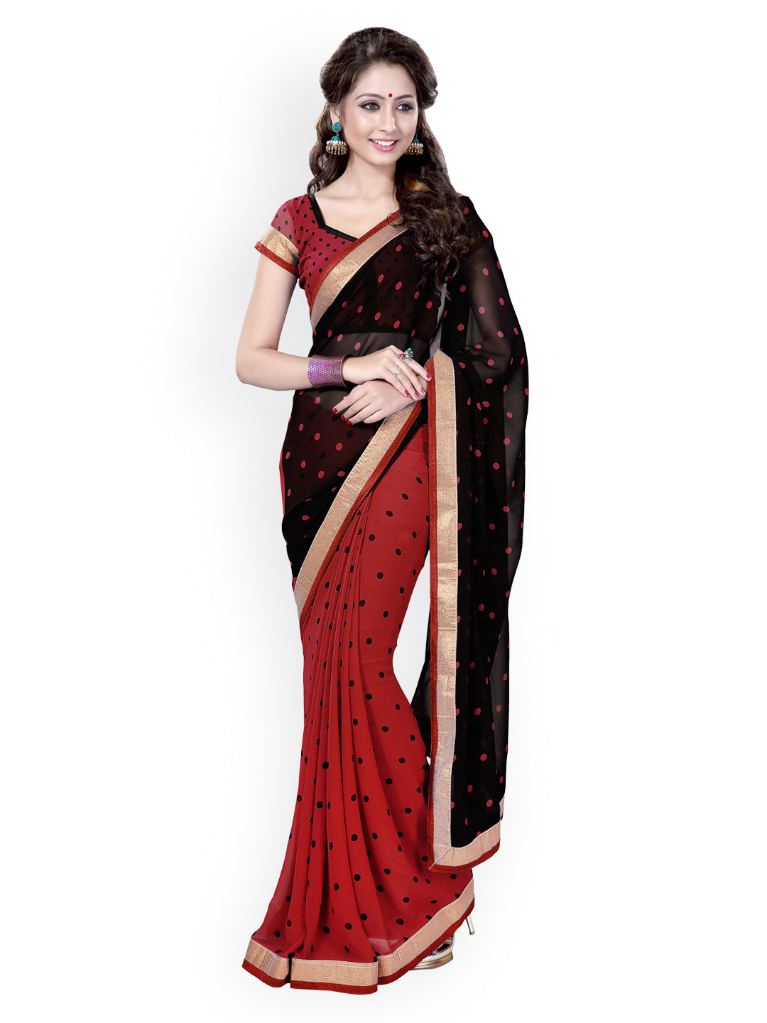 

Mirchi Fashion Black & Red Polka Dot Print Poly Georgette Saree