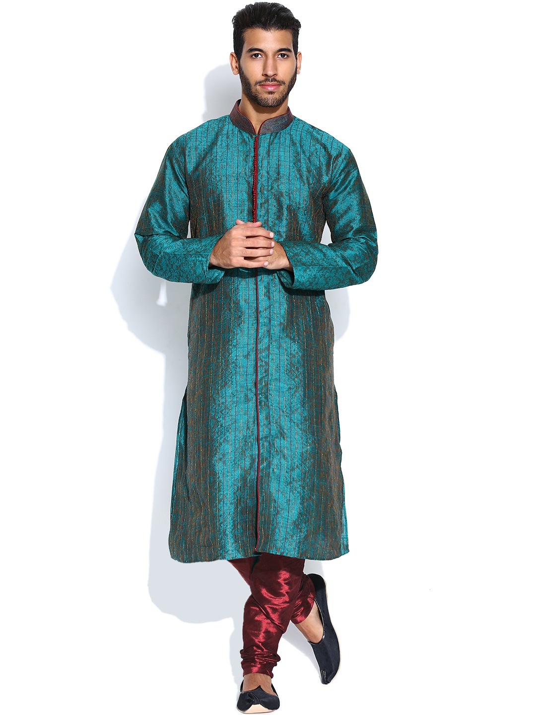 

Sanwara Teal Blue & Maroon Jacquard Kurta Churidar