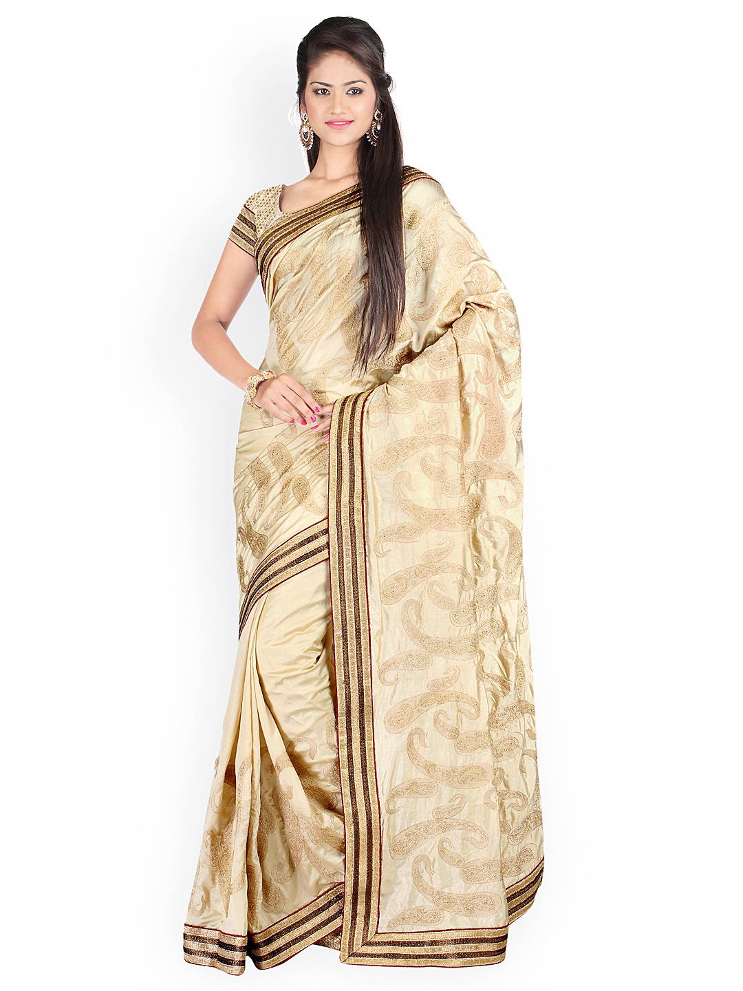 

Saree mall Green Silk Embellished Saree, Beige