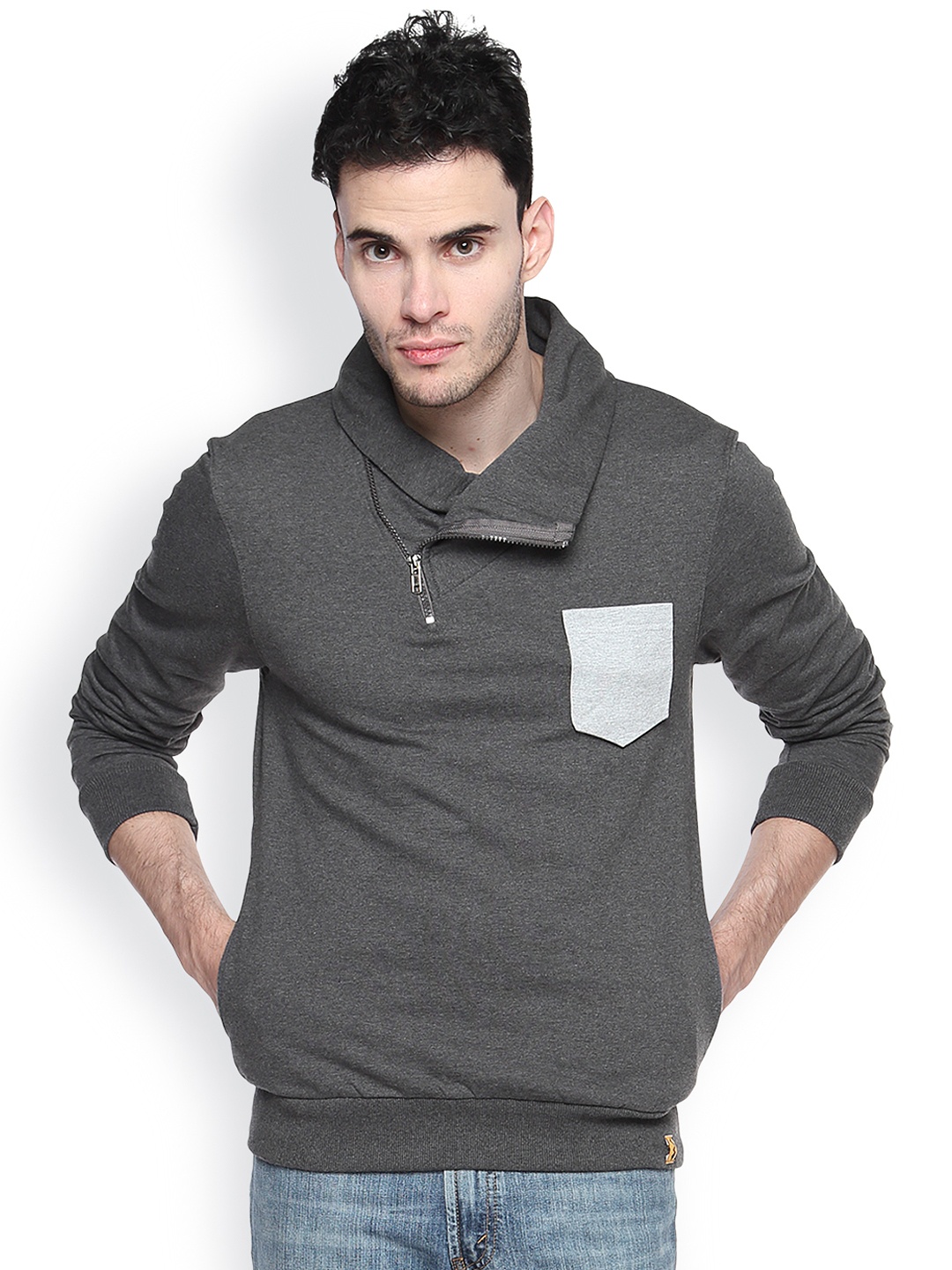 

Campus Sutra Grey Shawl Neck Sweatshirt