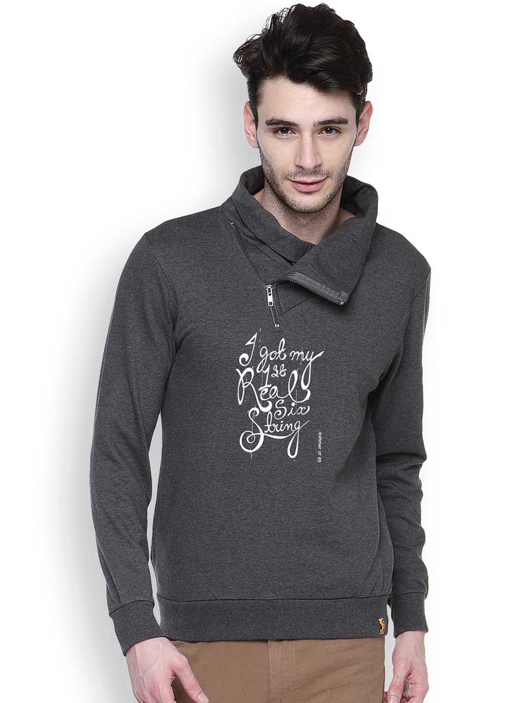 

Campus Sutra Grey Printed Shawl Neck Sweatshirt