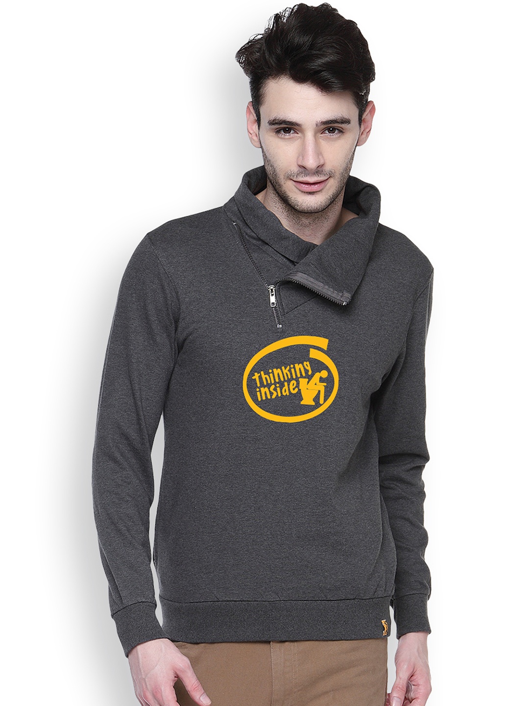 

Campus Sutra Grey Printed Shawl Neck Sweatshirt
