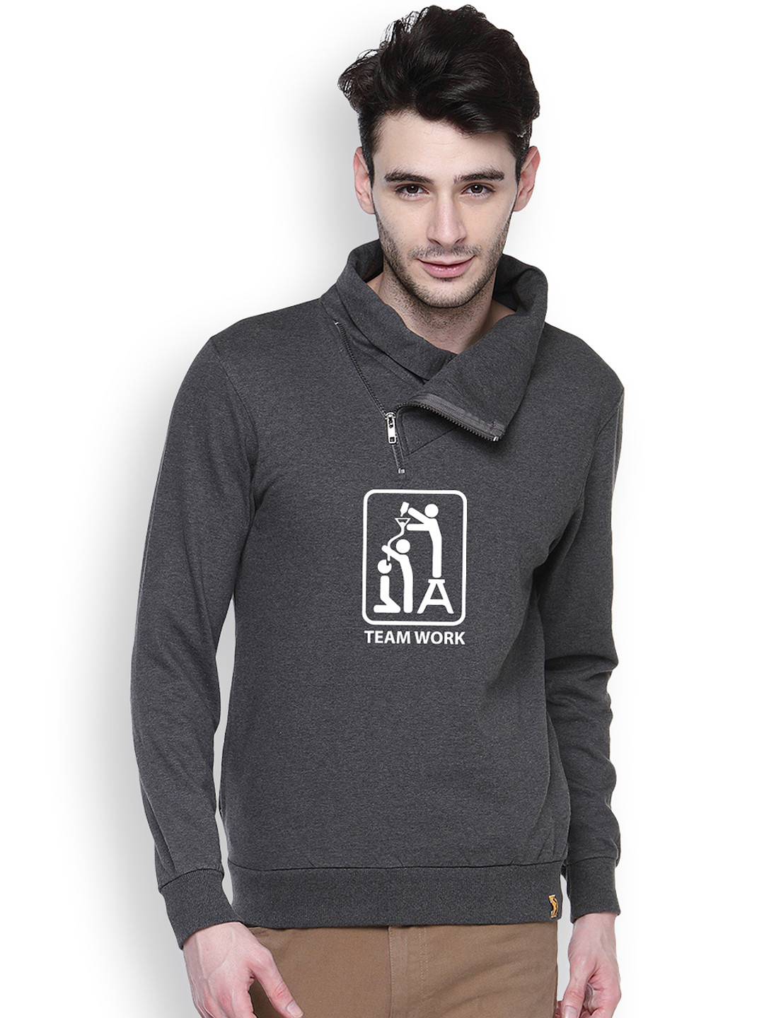 

Campus Sutra Grey Printed Shawl Neck Sweatshirt